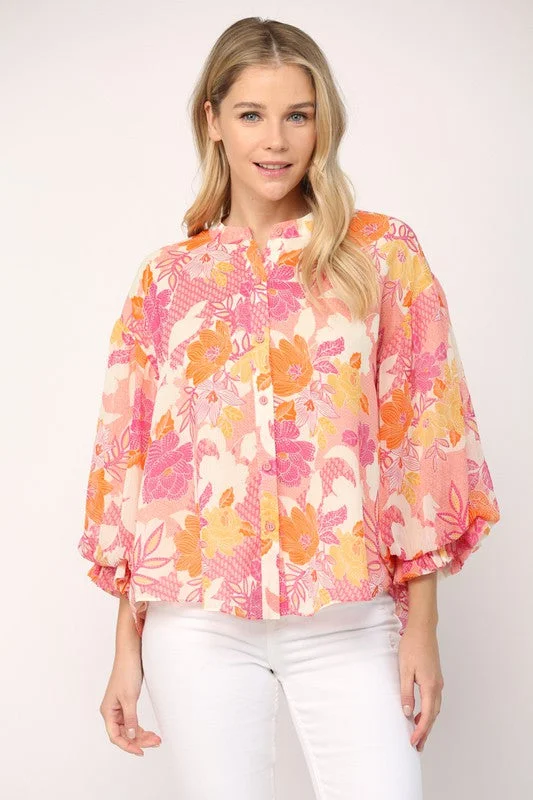 Floral Print 3/4 Ballon Sleeve Blouse