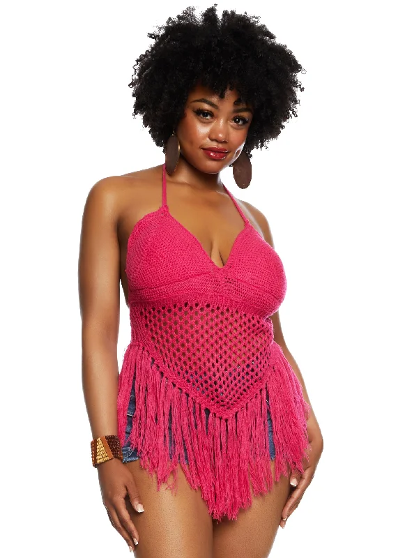 Plus Size Crochet Fringe Halter Top